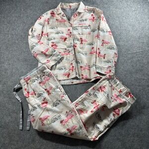 Nick & Nora Pajama Set Women Medium Pink Flamingo Camper Christmas Cotton PJ